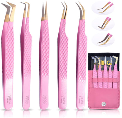 5 Pcs Fiber-Tip Japanese Steel Lash Tweezer Set with Leather Case, Professional Eyelash Tweezers for Lash Extensions – Titanium Coated, 90 & 45 Angled, Precision Pointed Tweezers (PINK)