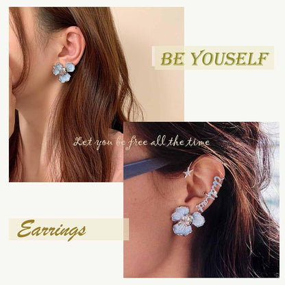 Unique Blue Flower Earrings Studs Vintage Floral Petal Earrings Statement French Blue Iris Flower Earrings Studs Bridal Wedding Prom Earrings Jewelry for Women