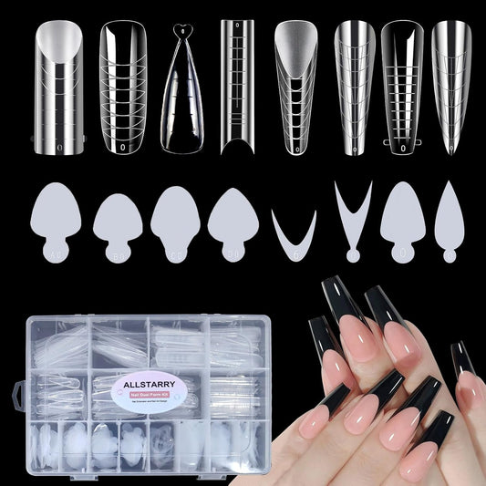 Allstarry 384pcs Nail Dual Forms, Silicone French Nail Forms for Poly Gel Nail Gel Extension Full Cover Acrylic Nail Tips 8 tpye nail form and Silicone Reusable Stickers for Manicure Extension