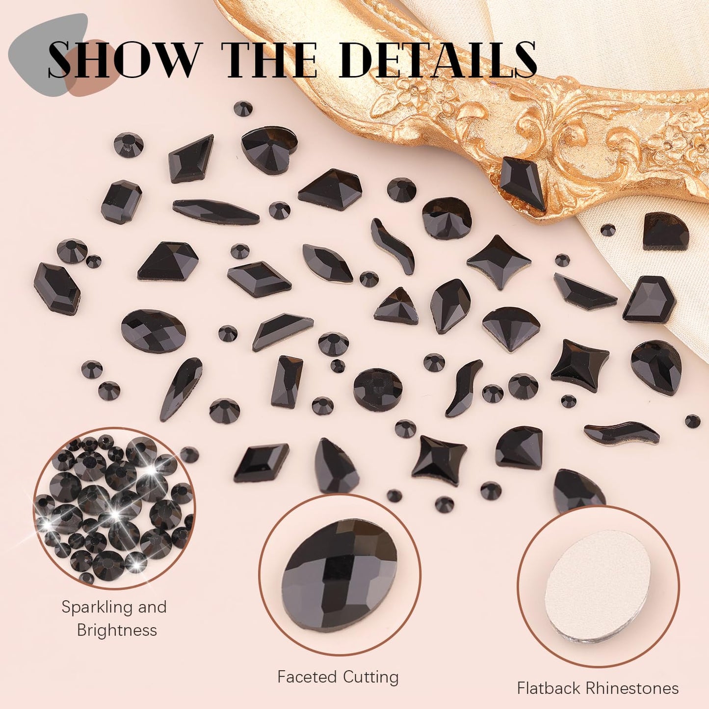 1680Pcs Black Glass Nail Rhinestones 180Pcs Multi Shapes Flatback Nail Gems + 1500Pcs 1.5-4mm Round Crystal, Manicure Nail Charms Diamond Gemstones for Acrylic Nails Decoration