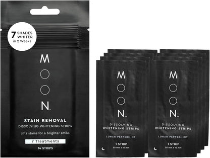 MOON Dissolving Teeth Whitening Strips - Vegan, Easy-to-Use, No Rinse White Strips - Hydrogen Peroxide and Essential Oils Infused Gentle Teeth Whitening Kit - Travel Essentials for Oral Care (14 Ct)