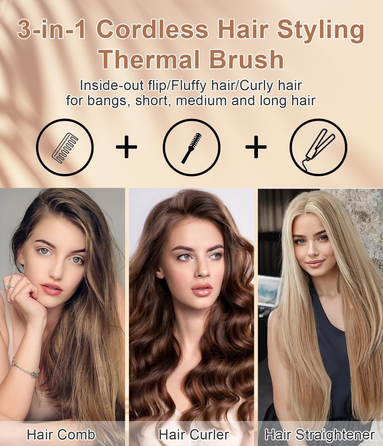 Cordless Hair Curling Iron Brush, 1.5" Mini Cordless Hair Curler, 3-in-1 Travel Curling Brush Hair Straightener Comb Rechargeable, Long Battery Portable Ionic Heated Tool, White