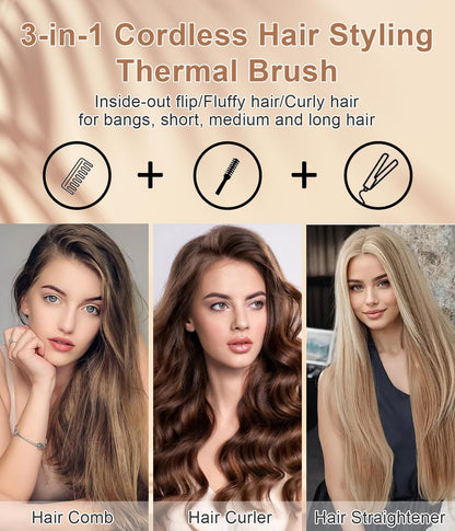 Cordless Hair Curling Iron Brush, 1.5" Mini Cordless Hair Curler, 3-in-1 Travel Curling Brush Hair Straightener Comb Rechargeable, Long Battery Portable Ionic Heated Tool, White