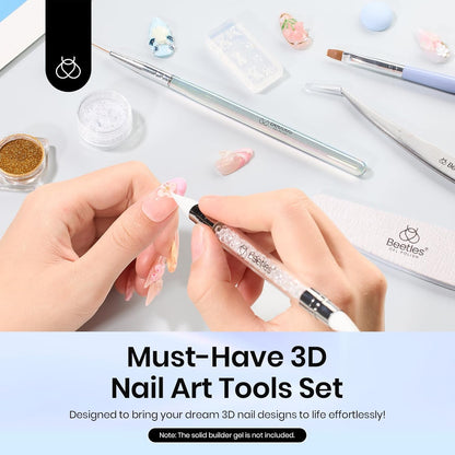 Beetles 3D Nail Art Brushes, Dual-ended Silicone Manicure Tool, Gold Chrome Nail Powder, 15mm Liner Brush, Dotting Tool with Flowers Bowknot Mold, Pearls, for 3D Manicure Design Carving Drawing Effect