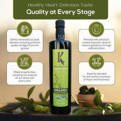 Kasandrinos Organic Olive Oil Extra Virgin, Polyphenol Rich Greek Olive Oil, 100% Organic First Cold Pressed, Mild + Delicate Flavor, Verified by Non GMO, 1 L / 33.8 oz
