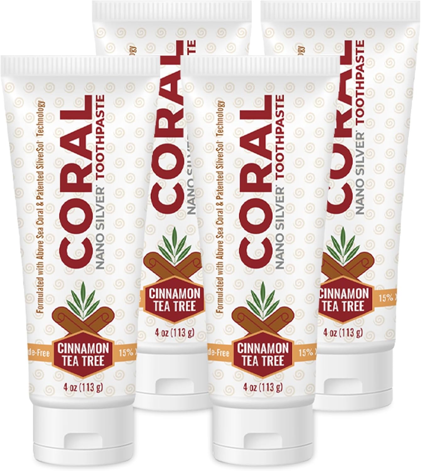 Coral Nano Silver Cinnamon Tea Tree Toothpaste, Natural Fluoride Free Teeth Whitening Toothpaste, Coral Calcium Nano Silver Infused SLS Free 4 Ounce