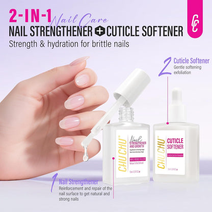 CHUCHU Nail Strengthener and Growth Kit: Clear Hardener and Repair & Cuticle Softener Set - Protein Ridge Filler Polish Quick Dry for Weak Peeling Brittle Splitting Nails - for Women Home Salon