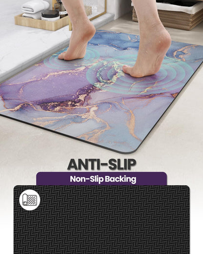 DEXI Bathroom Mat Ultra Thin, Non Slip Bath Rug for Shower Floor, Absorbent Quick Dry Marble Bathmats Low Profile, 17x32, Blue and Purple