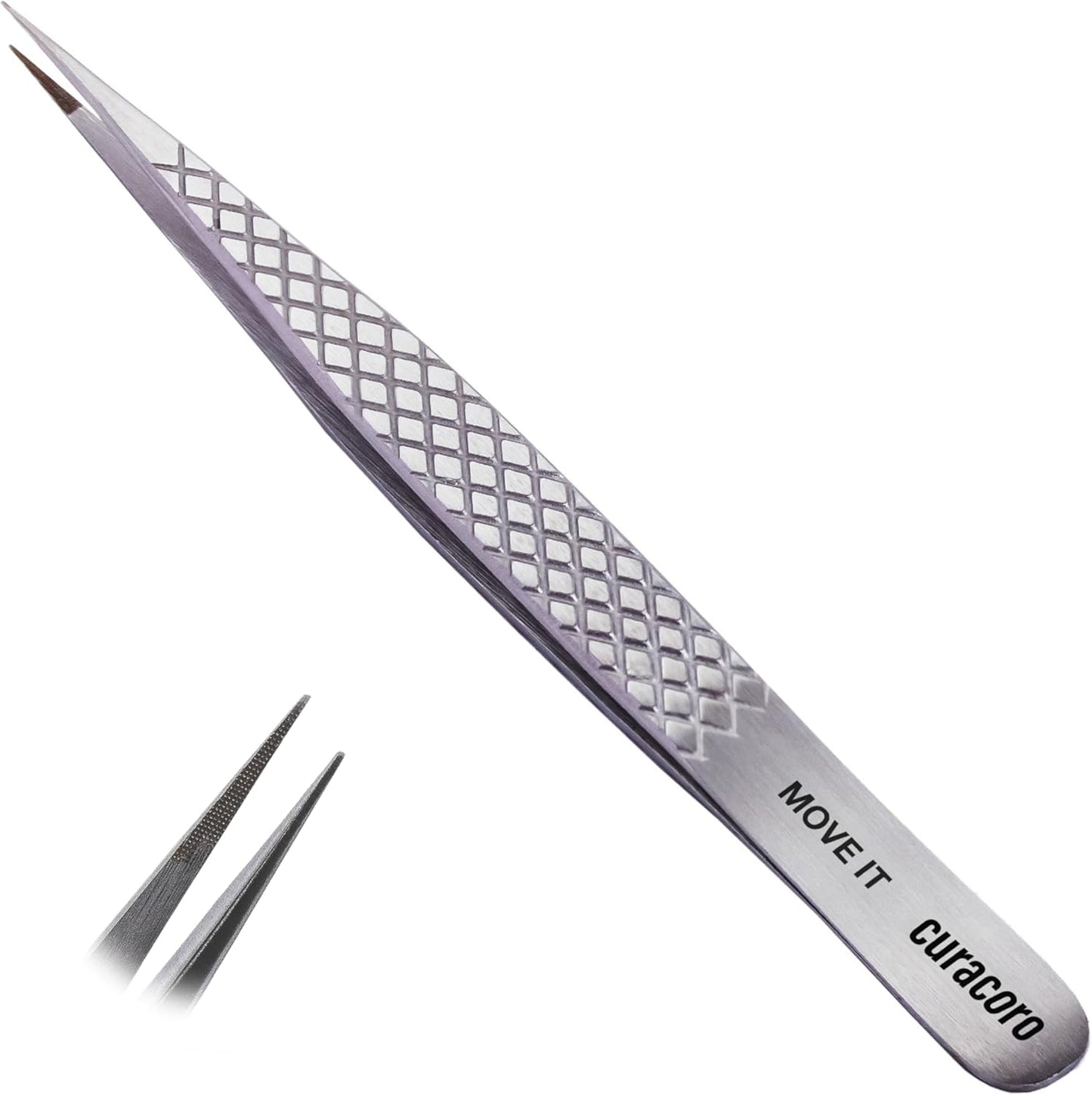 Curacoro Lash Tweezer - Professional & Precision Fiber Tip Grip Lash Tweezers for Eyelash Extensions, Multi Shapes & Purposes Tweezers for Volume, Isolation & Classic Lashes (Silver, Move It)