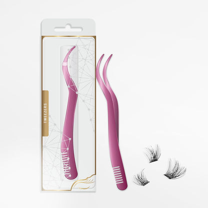 2 in 1 Lash Tweezer with Comb, Stainless Steel Elbow Tweezers, Eyelash Extension, Precise Eyebrow Tweezers Tool, Lashes Tweezer Applicator for DIY Applying False Eyelashes Clusters, Rose