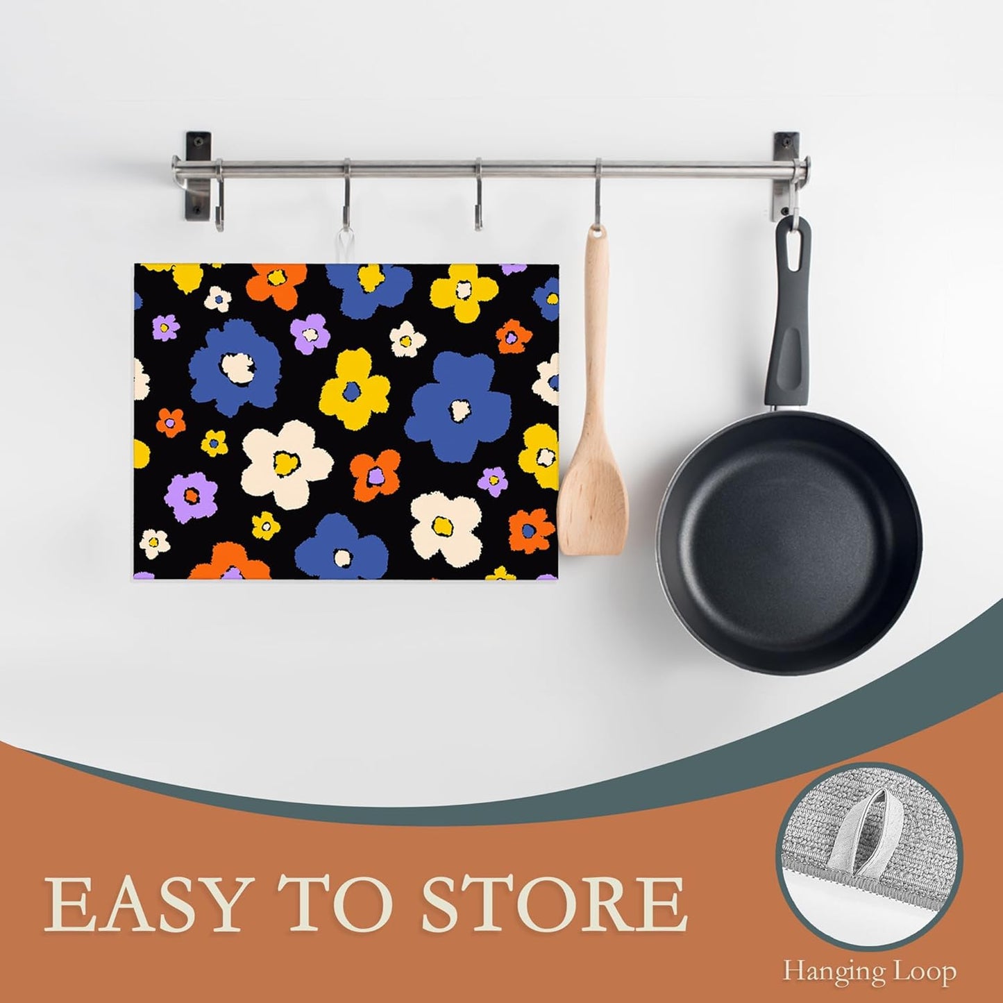 Retro Groovy Hippie Boho Dish Drying Rack Mat for Kitchen Counter,Daisy Flower Dish Drying Pad Absorbent Reversible Microfiber Protector for Coffee Bar Sink Countertops 18x24 Inch