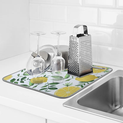 SHIYUE Dish Drying Mat for Kitchen Counter Super Absorbent Spring Kitchen Decor Microfiber Drying Matainers Rack Fast Pad Dish Drainer Mats(Yellow Lemon Green Leaves,16''x18'')