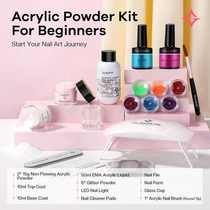 Acrylic Nail Kit for Beginners: Clear Pink Acrylic Powder Set Professional Nails Kit Acrylic Set with UV Light and Glitter Powder for Home DIY