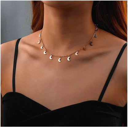 Vintage Moon Dangle Necklace Curved Moon Pendant Necklace Tiny Moon Choker Necklace Gold Minimal Choker Necklace Jewelry for Women