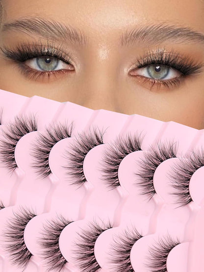 Natural Cat Eye Lashes Wispy Eyelashes 14mm Lightweight False Eyelashes 3D Volume Natural Strip Lashes 0.1mm Thin Cotton Band Lashes Pack C Curl Soft Lashes 7 Pairs Siligli
