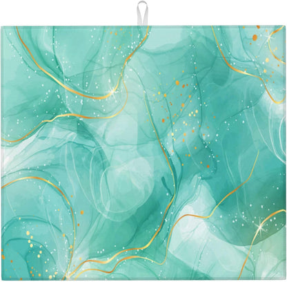 Teal Gold Marble Dish Drying Mat for Kitchen Counter Green Turquoise Dish Drainer Rack Mats 16x18 Inch Absorbent Reversible Modern Drying Pad