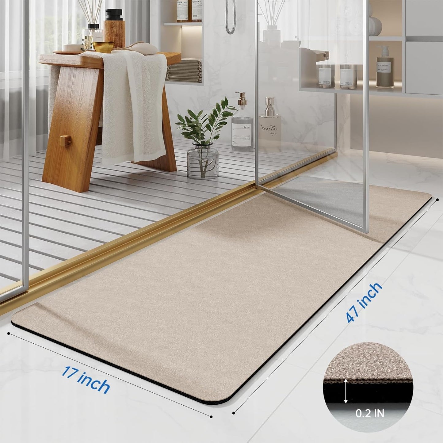 Bathroom Mat Rugs 47x17, Long Diatomaceous Earth Bath Mat Large Quick Dry Bath Mat Non Slip Rubber Backed Super Absorbent Shower Mat, Thin Bathroom Runner Rugs Floor Mat Fit Under Door, Taupe