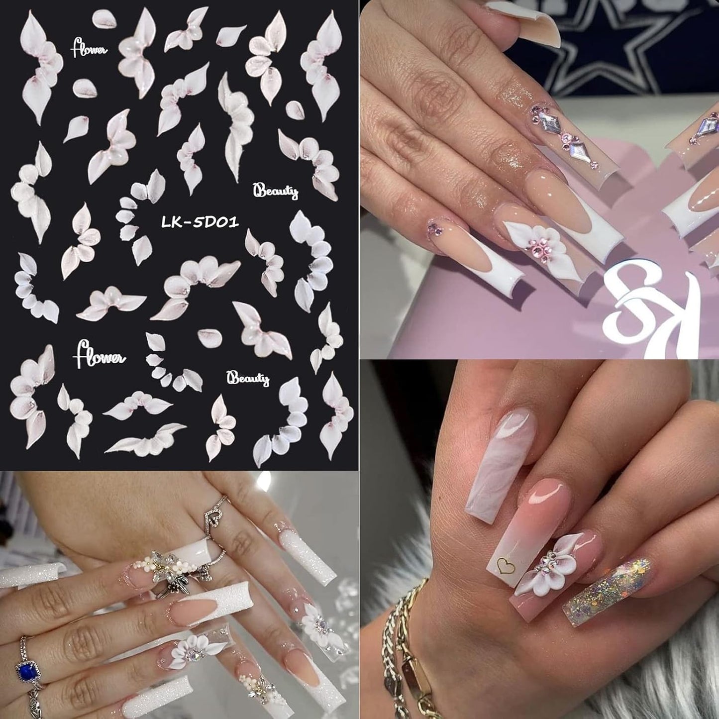 6 Sheets Flower Nail Stickers for Nail Art 5D Embossed Engraved Nails Decals 3D Spring Nails Supplies Accessories Self-Adhesive DIY Design Decoration for Women and Girls