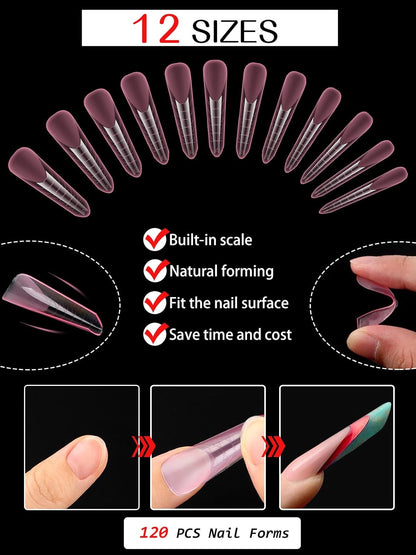 EBANKU Dual Nail Forms for Poly Extension Gel, 120 PCS Pink Nail Molds Reusable Nail Extension Forms for Builder Gel Manicure Design Salon DIY 12 Sizes