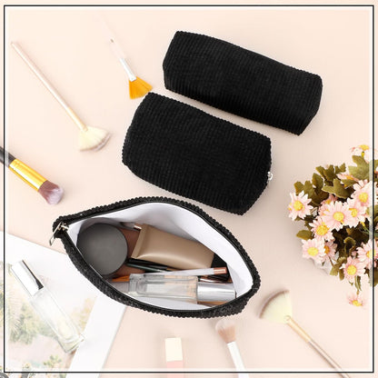 3 Pcs Makeup Bag Set for Women Corduroy Cosmetic Pouch Aesthetic Smile Travel Toiletry Bag Cute Purse Pouch Pencil Case Makeup Brushes Storage Organizer for Christmas(Black,Solid Style)