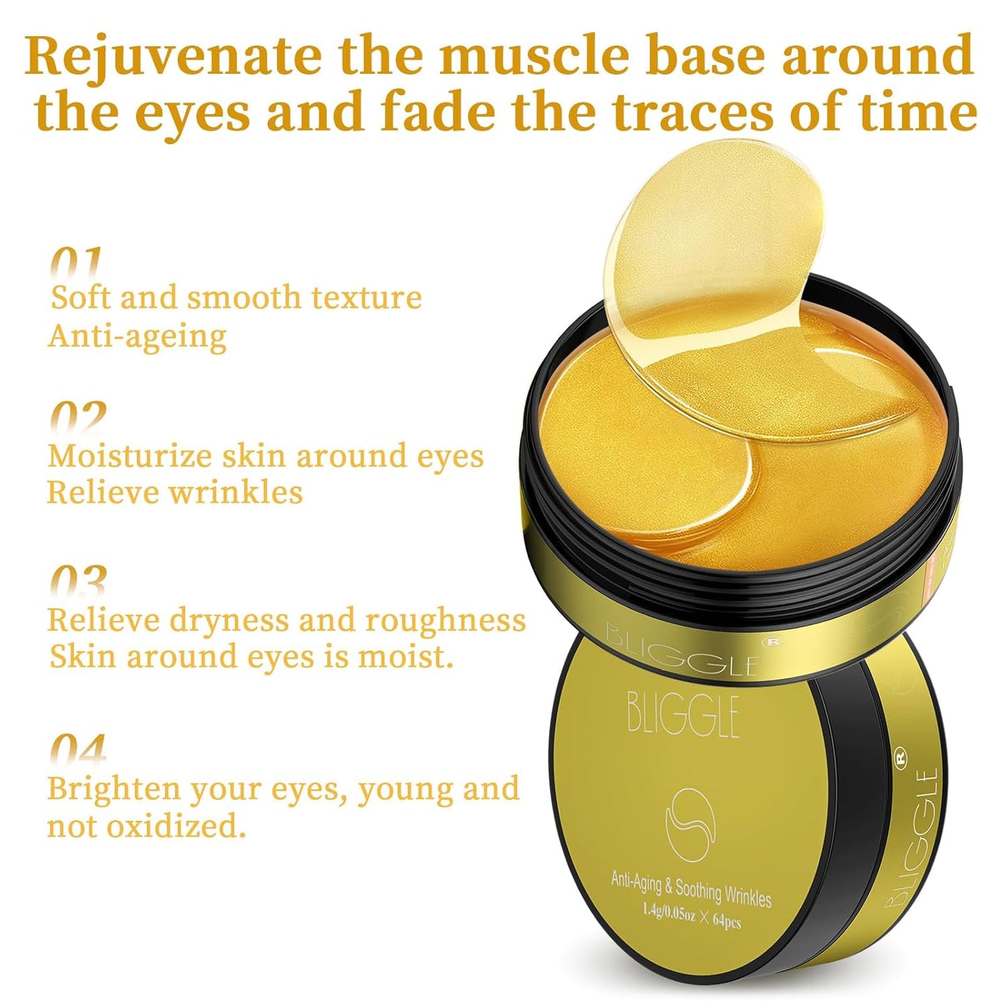 Under Eye patches (64 pcs)-24K Gold Eye Mask with Hyaluronic Acid, Cooling Eye Care for Puffy Eyes & Dark Circles Treatments,Reduce Under Eye Bags and Smooth Wrinkles