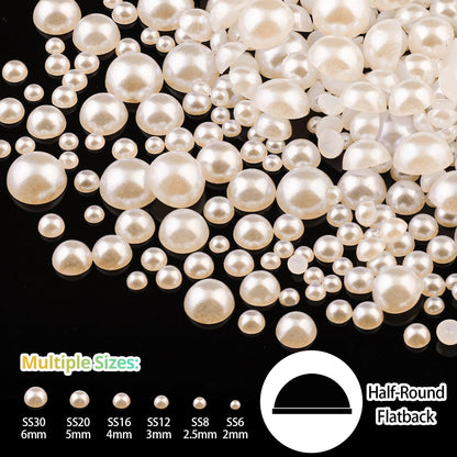 Rhinestone & Pearl Manicure Kit - Nail Rhinestone Glue Gel, Flatback Glass Crystal AB + Clear Gems, Beige Half Round Pearls, Gem Glue for Nails (UV/LED Needed) with Dotting Tools