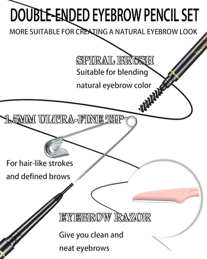 Black Eye Brow Pencils for Women, 6Pcs Waterproof Eyebrow Pencil, 1.5mm Micro-Fine Tip & Spiral Brush with Brow Razors Perfect for Creating a Natural and Delicate Eyebrow Look Makeup