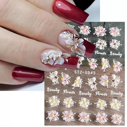 6 Sheets White Flower Nail Art Stickers Decals 5D Embossed Nail Decals Spring Winter Nails Art Self-Adhesive Supplies Accessories 3D Flower Stickers for Women Nails Design Decoration