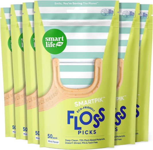 SmartLifeco Eco-Friendly Dental Floss Picks (300ct) - The Original Straw Wheat Flossers, Superior Anti-Shred Thread for Tight Gaps, Zero Waste Tooth Pick for Adults, Soft on Gum & Teeth, Vegan, Mint