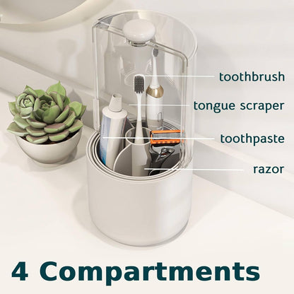Toothbrush Holder with Cover 360 Rotating 4 Compartments Bathroom Toothpaste Electric Toothbrush Organizer, White