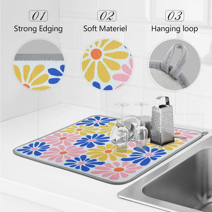 SHIYUE Dish Drying Mat for Kitchen Counter Super Absorbent Spring Kitchen Decor Microfiber Drying Matainers Rack Fast Pad Dish Drainer Mats(Color Flower,18''x24'')