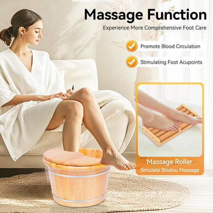 9.84in Tall Wood Foot Soaking Tub with Lid and Massage Roller, Pedicure Bowl for Feet, Portable Traditional Wood Foot Bath Basin for Massage Relaxing, Fatigue Relief