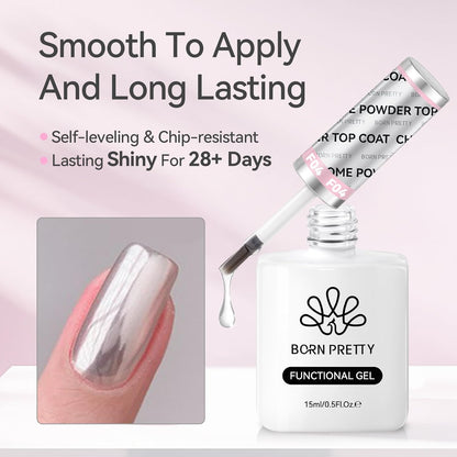 Born Pretty Top Gel for Chrome Nail Powder, 15ml Top Gel for Metallic Gel Nail Polish, Shine Finish and Long Lasting, Soak Off Nail Lamp Gel Nail Art Design