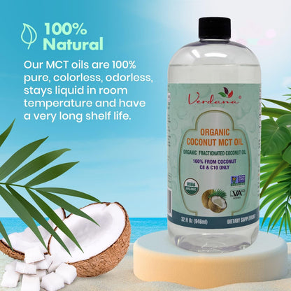 Verdana Organic MCT Oil – 32 Fl Oz Dietary Supplement – 100% Coconut Derived, Fractionated, Food Grade – For Oil Pulling, Keto Coffee, Oral Rinse, Massage & Aromatherapy – Vegan, Non-GMO, Kosher