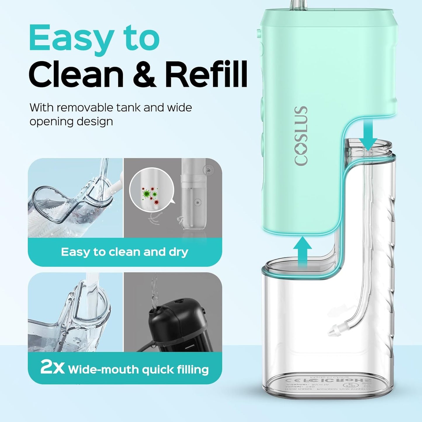 COSLUS Mini Water Flosser for Travel: Portable Lightweight Design Cordless Oral Irrigator with Removable Tank & 4 Modes, IPX7 Waterproof for Braces, Sensitive Teeth Travelers & Family Use, Green, T40