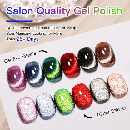 Double Rhythm 6 Colors Cat Eye Gel Polish Set Shimmer Glitter with Magnet Holographic Reflective Magnetic UV Nail Art Kit (6-Kit 26)