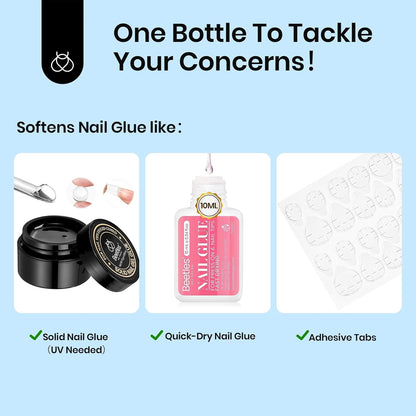 Beetles Nail Glue Remover with Cuticle Tool, 1 Pcs 20ml Press on Nail Remover Non-Acetone Adhesive for False Nail Tips Gentle Formula Not for U v Nail Glue Gel