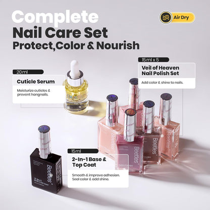 Beetles Pink Nail Polish Set, 5 Colors Nude Pink Jelly Collection Quick Dry Long Lasting Nail Polish Base & Top Coat and Cuticle Serum Kit Spring DIY Care for Nail Home Gift Sets For Women