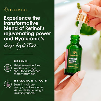 Tree of Life Beauty Retinol Serum, Skin Smoothing Face Oil for Dark and Age Spots and Fine Lines, Facial Serums for Dry and Sensitive Skin Care with Hyaluronic Acid for Soft Smooth Skin, 2 Fl Oz