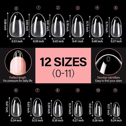 AILLSA Short Oval Nail Tips Full Cover Clear Gelly Nails Tip Half Matte Acrylic Tips Pre-Filed Fake Press on Nail Tips for Extension Home DIY Salon Manicure 216PCS 12 Sizes