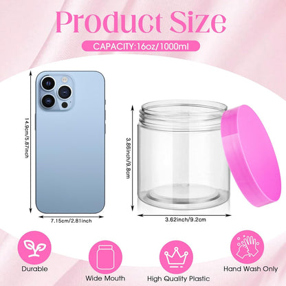 Patelai 4 Pieces Round Wide-mouth Leak Proof Plastic Container Jars with Lids for Travel Storage Makeup Beauty Products Face Creams Oils Salves Ointments DIY Making(16 Ounce,Pink)