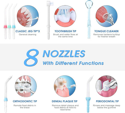 TUREWELL Water Flossing Oral Irrigator, 600ML Dental Cleaner 10 Adjustable Pressure, Electric Oral Flosser for Teeth/Braces, 8 Replacement Jet Tips for Family (White)