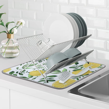 SHIYUE Dish Drying Mat for Kitchen Counter Super Absorbent Spring Kitchen Decor Microfiber Drying Matainers Rack Fast Pad Dish Drainer Mats(Yellow Lemon Green Leaves,16''x18'')