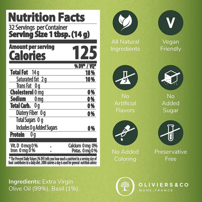 Fresh Basil Olive Oil by Oliviers & Co. | Cold Pressed Extra Virgin Olive Oil | Everyday and Cooking EVOO from Italy | Gourmet Flavored Oil in Tin Can | (8.4 Fl Oz (Pack of 1), Fresh Basil)