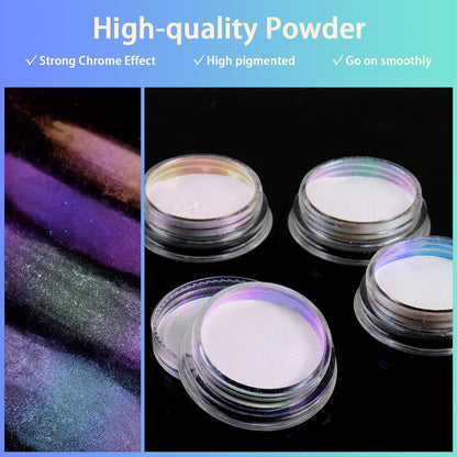 Allstarry White Chrome Nail Powder, 4 PCS Color-Shift Chameleon Chrome Effect Powder Neon Aurora Glitter Dust Iridescent Pearlescent Pearl Pigment for Nail Art Decoration, Gel Polish, Resin Craft