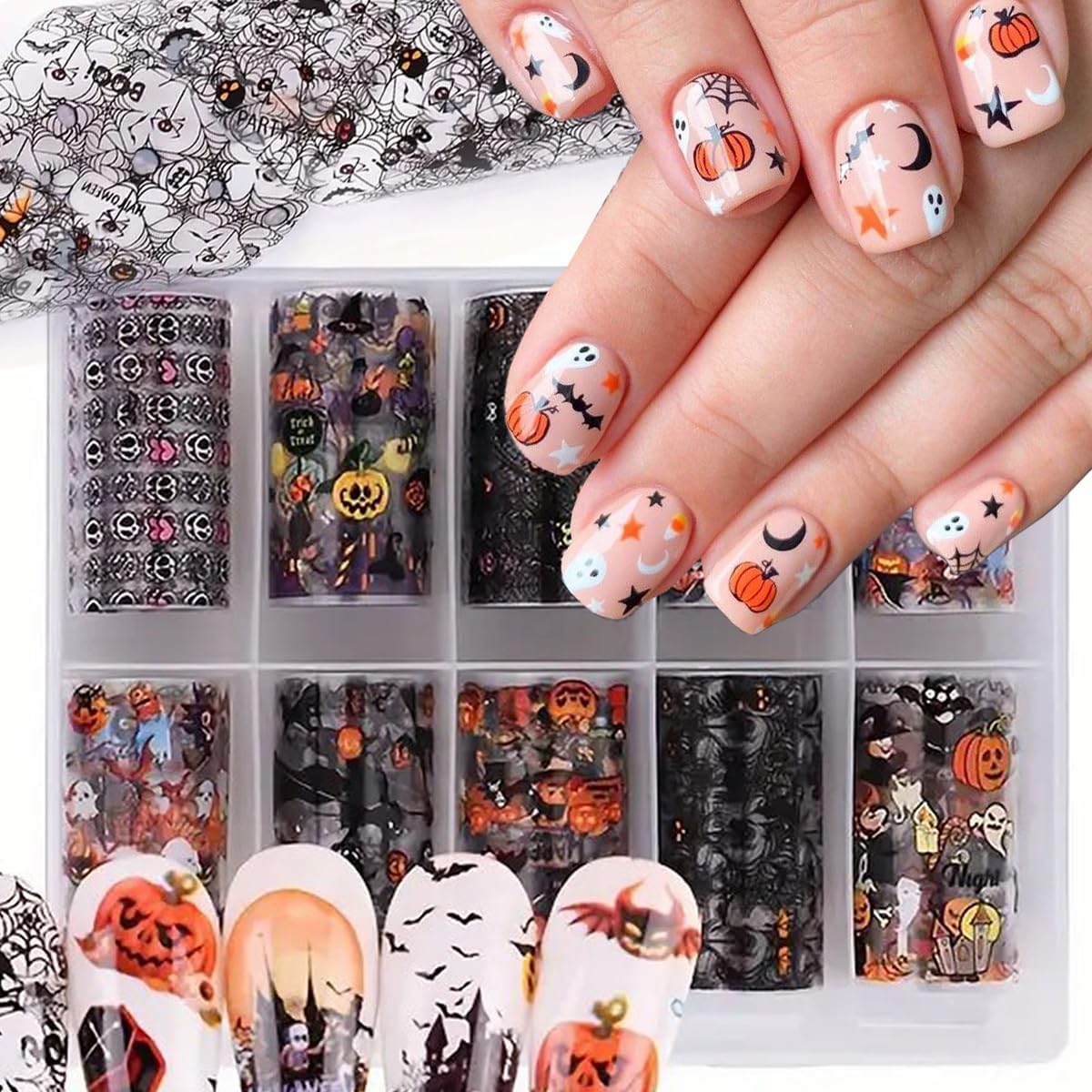 Halloween Nail Art Foils Transfer Stickers Halloween Nail Art Stickers Decals 10Rolls Pumpkin Spider Web Ghost Spider Nail Foils Adhesive Decals Nail Supplies for Women Holiday DIY Manicure Decoration