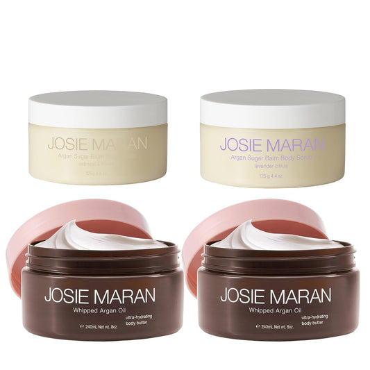 Josie Maran Bod Squad Body Care Set - Includes 2 Argan Sugar Scrubs & 2 Body Butters - Nourishes Skin with Gentle Exfoliation and Intense Hydration - Oat Milk & Honey and Lavender Citrus (4 Count)