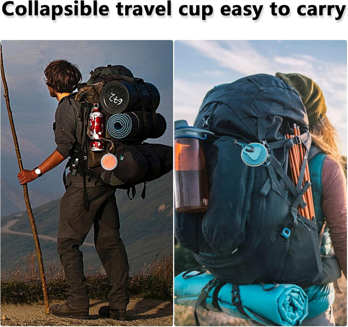 Litoexpe 2 Pack Silicone Collapsible Travel Cup Portable Folding Camping Cup Sets with Lids, Grey & Blue