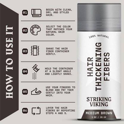 Striking Viking Hair Fibers for Thinning Hair - 28 g, Medium Brown - Bald Spot Cover Up & Sweat-Proof Thickening Powder