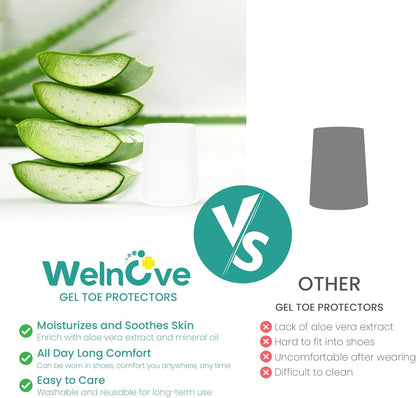 Welnove Pinky Toe Sleeves Protectors - 12-Pack Aloe Vera Extract Infused Silicone Toe Covers for Corns, Calluses, Blisters – Soft Gel Protector Toe Cushions for Pain Relief